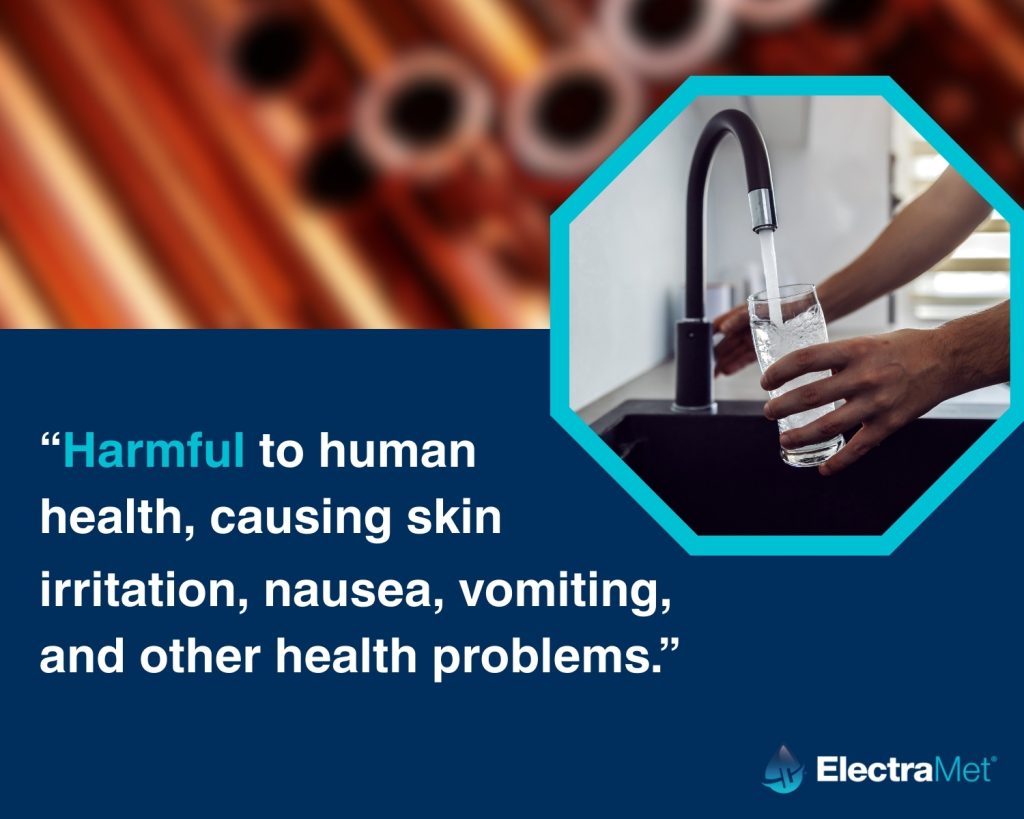 Graphic warning about contaminated water stating “Harmful to human health, causing skin irritation, nausea, vomiting, and other health problems,” with an image of a person filling a glass from a kitchen faucet and the ElectraMet logo.