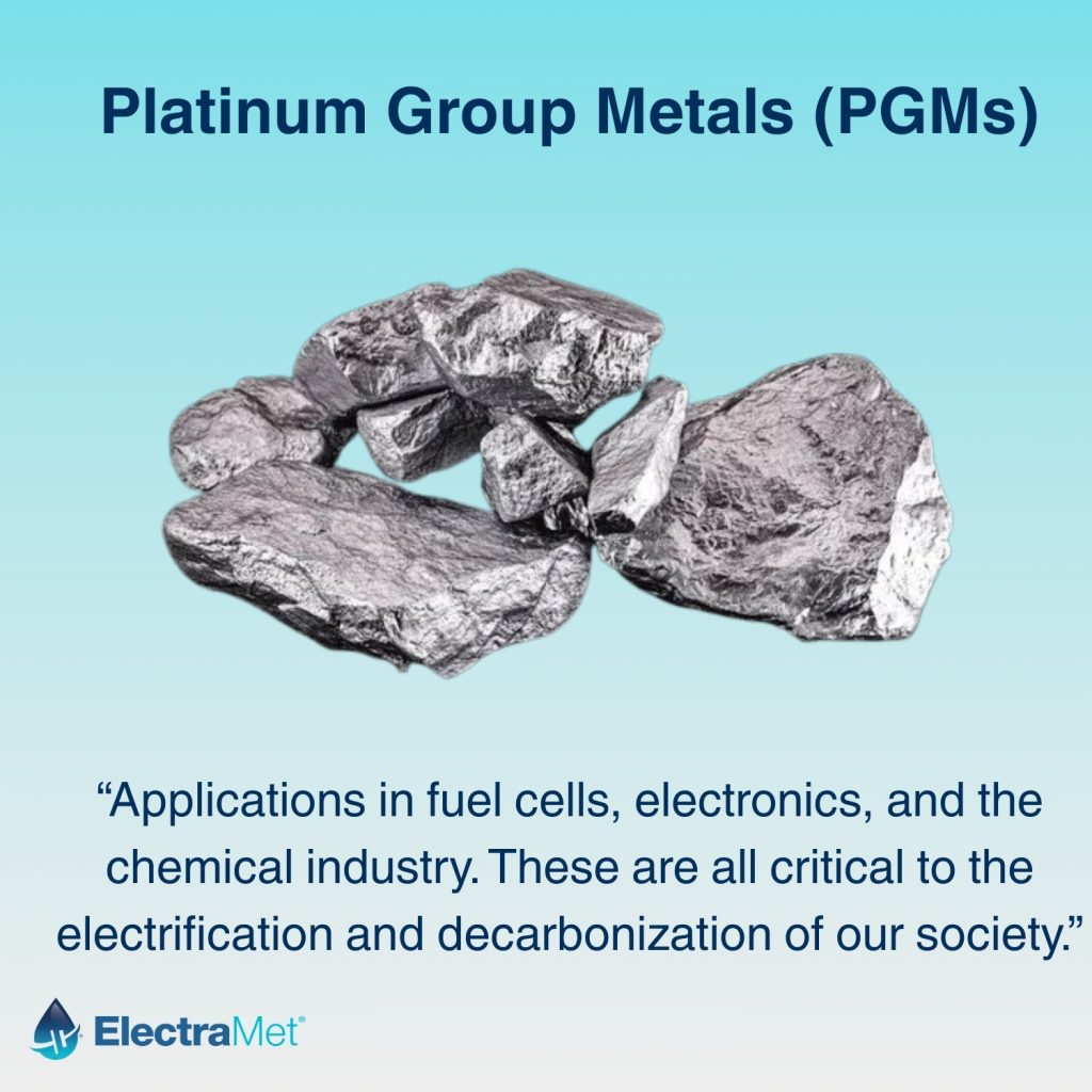 Platinum group metal nuggets labeled “Platinum Group Metals (PGMs)” with text describing uses in fuel cells, electronics, and the chemical industry.