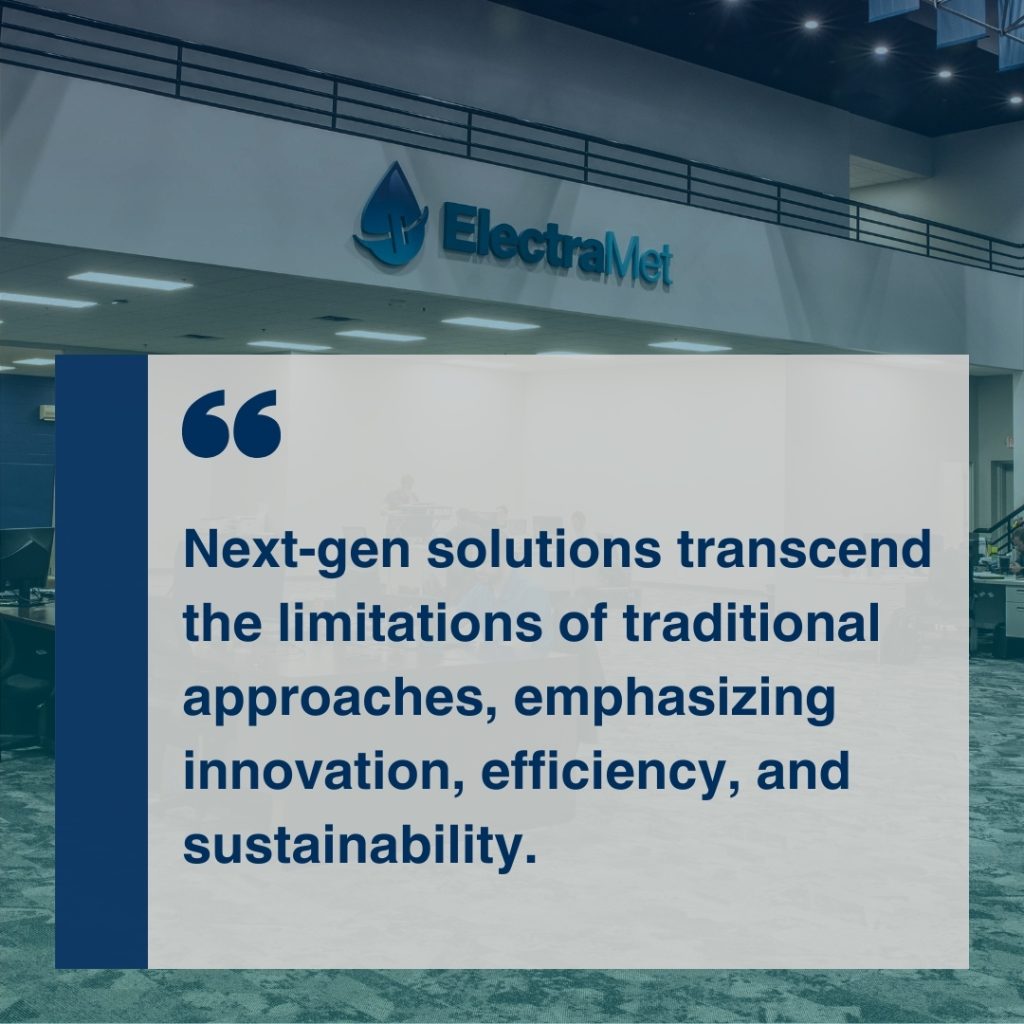 Interior view of an ElectraMet office wall featuring the company logo and a large overlaid quote about next‑generation solutions, innovation, efficiency, and sustainability.