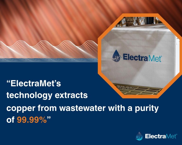 Promotional graphic featuring an ElectraMet unit and text stating that the technology extracts copper from wastewater with 99.99% purity.