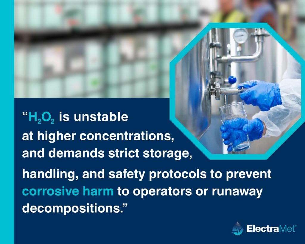 A worker wearing protective gloves collects liquid from a stainless‑steel tank, shown beside a safety warning about the instability and handling risks of high‑concentration hydrogen peroxide.