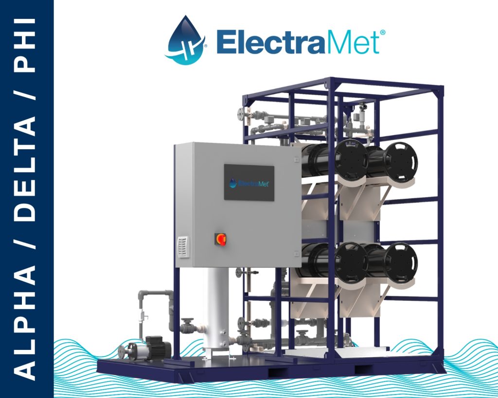 An ElectraMet industrial water‑treatment system with multiple cylindrical components, a central control panel, and connected piping, shown beside a blue banner labeled “ALPHA/DELTA/PHI.”