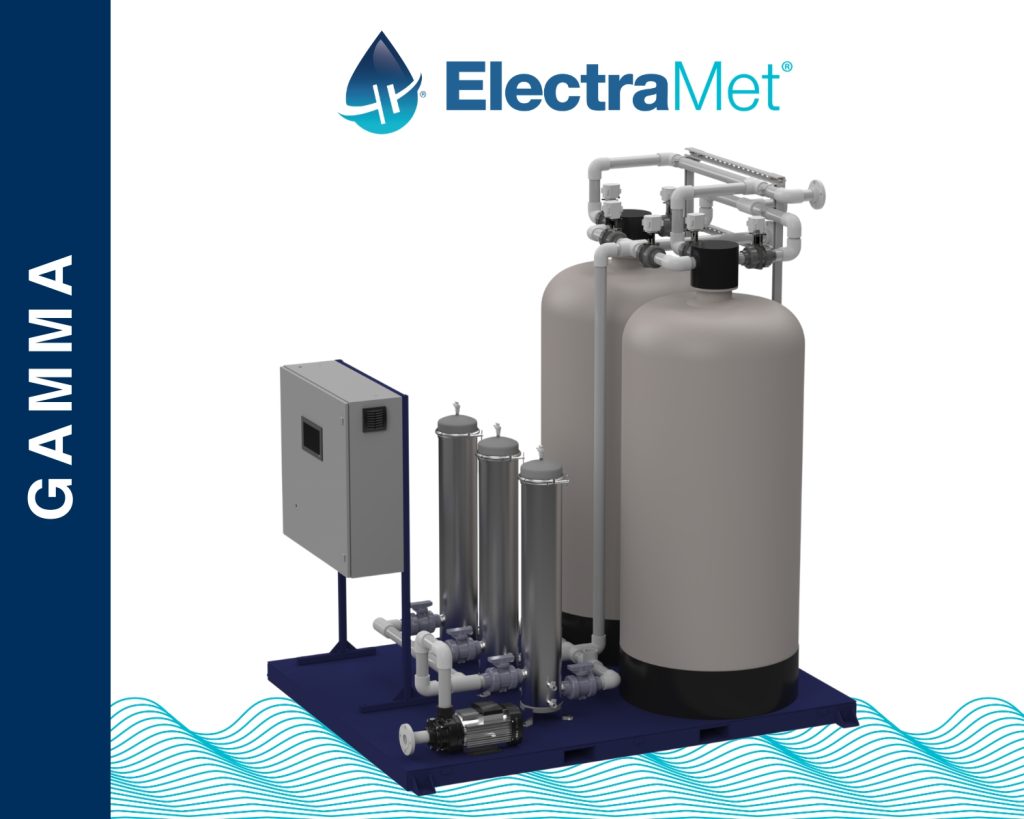 ElectraMet’s Gamma water‑treatment system featuring dual vertical tanks, multiple filter housings, a control panel, and a pump mounted on a blue platform.