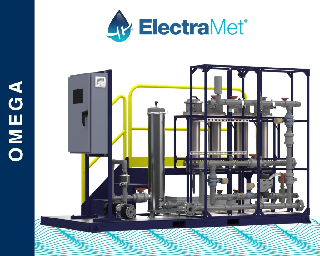 ElectraMet’s OMEGA industrial water‑treatment system featuring cylindrical tanks, a control panel, pipes, valves, and a platform with safety railings, shown beside a vertical “OMEGA” label and wave‑pattern background.