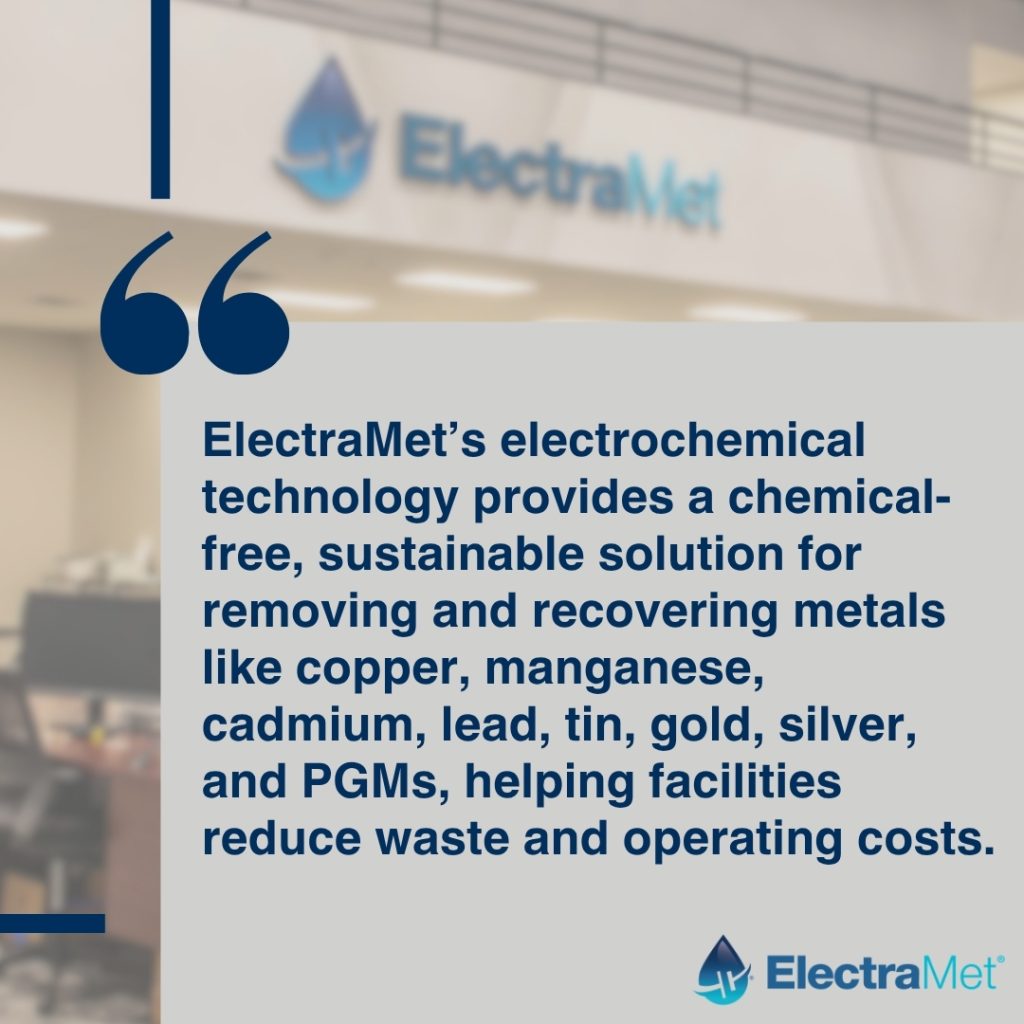 Graphic showing an ElectraMet message about electrochemical metal‑recovery technology over a blurred facility background.