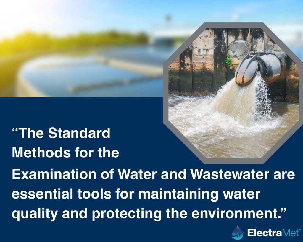 A wastewater treatment facility with an inset photo of a large pipe discharging water, shown alongside a quote about the importance of Standard Methods for maintaining water quality.