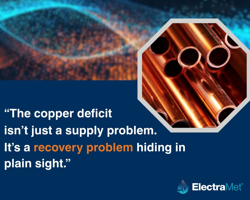 Graphic featuring a quote about the copper deficit alongside an image of copper pipes, with ElectraMet branding.