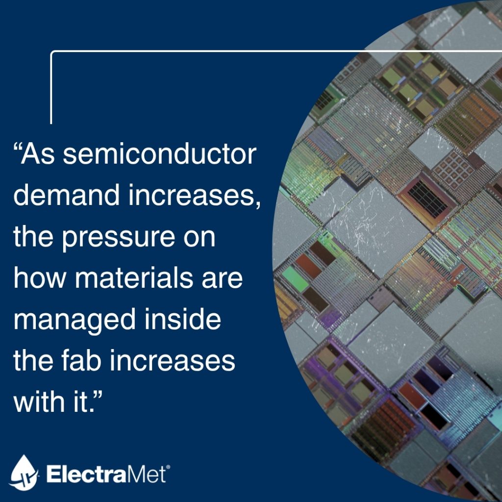 Close‑up of semiconductor wafers beside a quote about rising material‑management pressures in fabrication facilities, with ElectraMet branding.